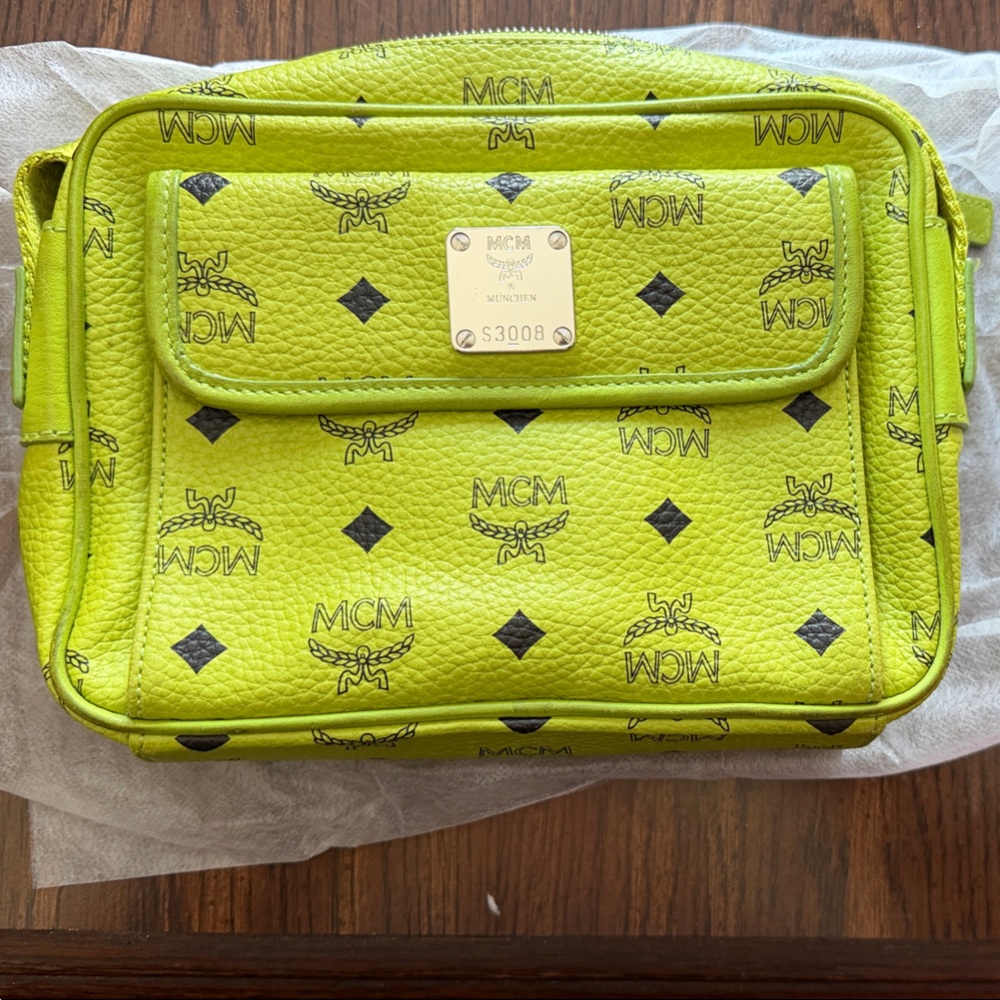 MCM Neon Green Shoulder Bag with Gold Accents